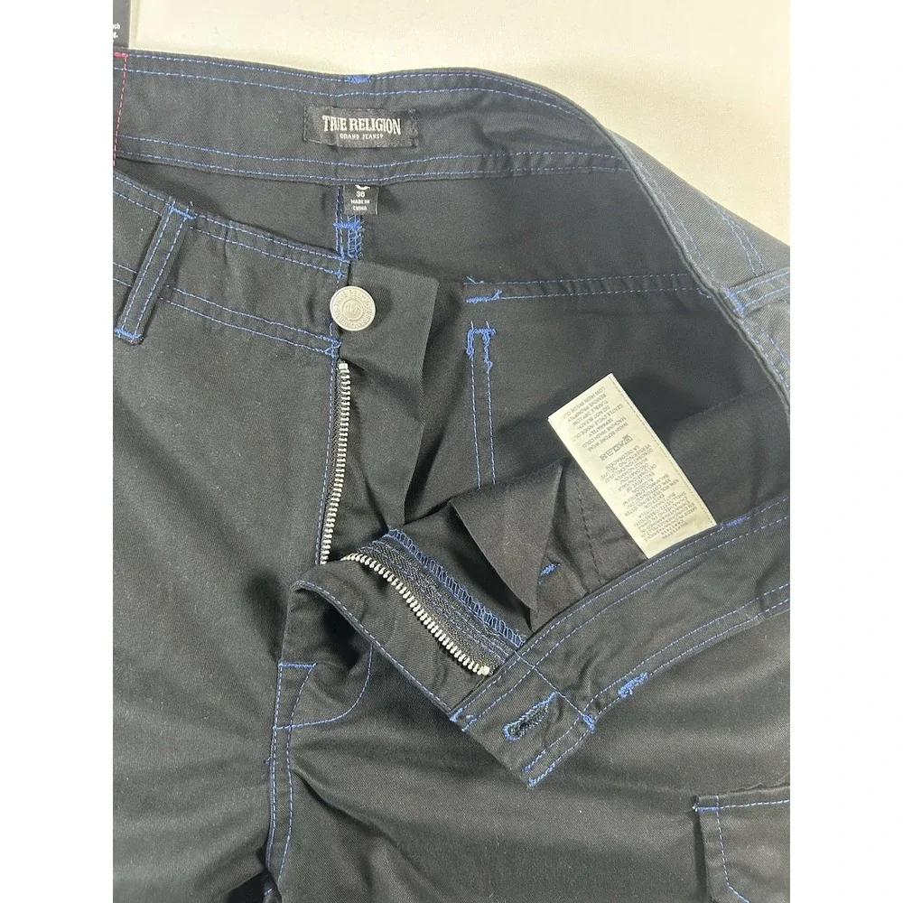 True Religion Men Baggy Cargo Pants 36 Black Blue Bold Stitch Utility Urban NWT